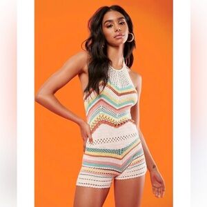 Striped Crochet Halter Romper cotton Pastel S